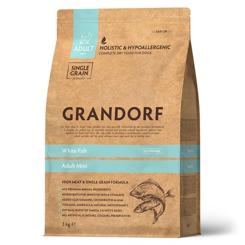 Сухий низькозерновий корм для дорослих собак дрібних порід Grandorf White Fish Mini із білою рибою