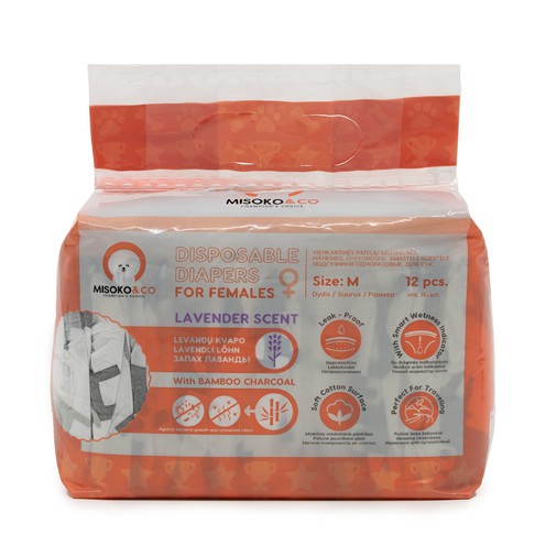 Misoko&Co Одноразові підгузки для собак-сук з вугіллям, індикатором вологості та ароматом лаванди (цуценята), M